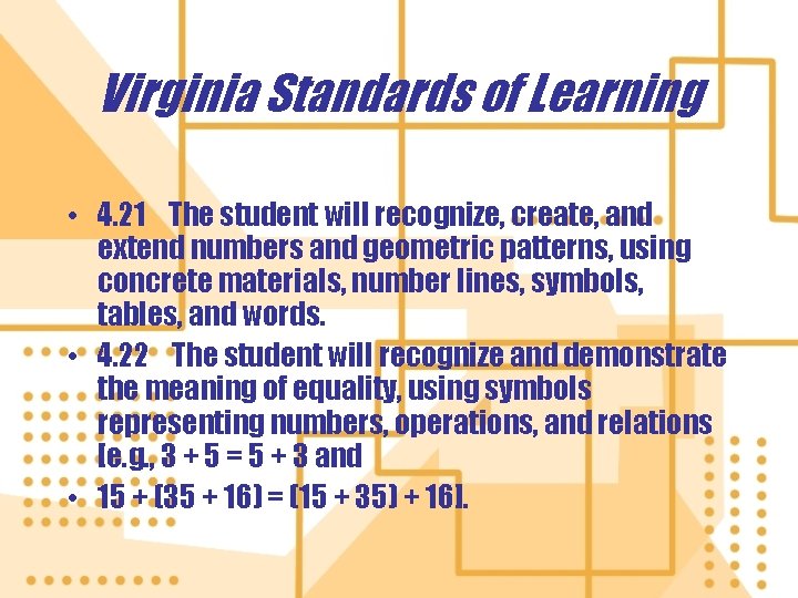 Virginia Standards of Learning • 4. 21 The student will recognize, create, and extend Virginia Standards of Learning • 4. 21 The student will recognize, create, and extend