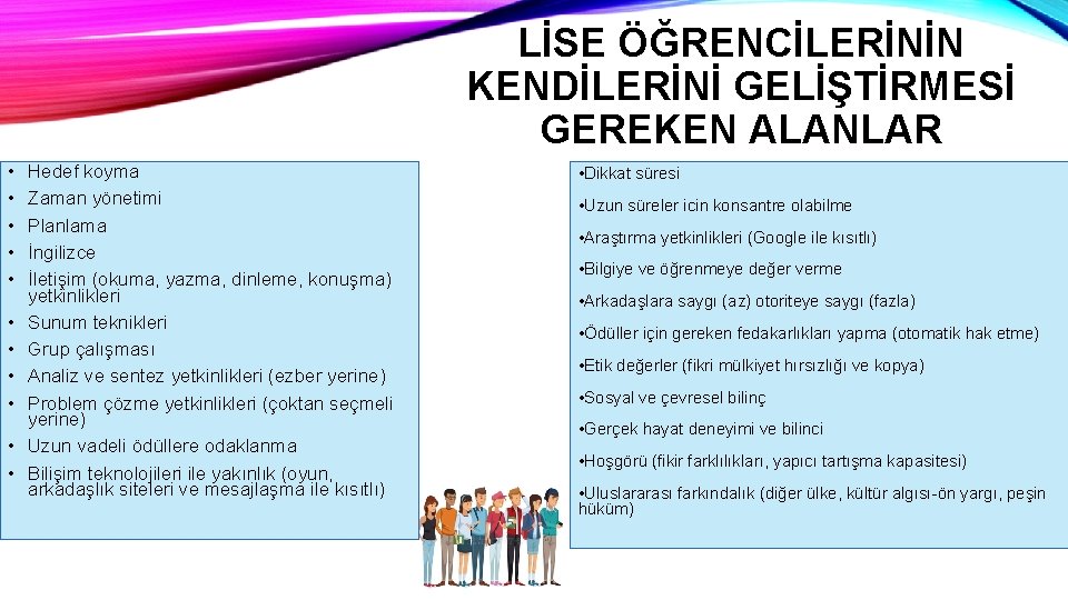 LİSE ÖĞRENCİLERİNİN KENDİLERİNİ GELİŞTİRMESİ GEREKEN ALANLAR • • • Hedef koyma Zaman yönetimi Planlama