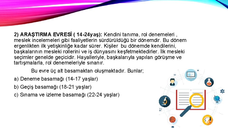 2) ARAŞTIRMA EVRESİ ( 14 -24 yaş): Kendini tanıma, rol denemeleri , meslek incelemeleri