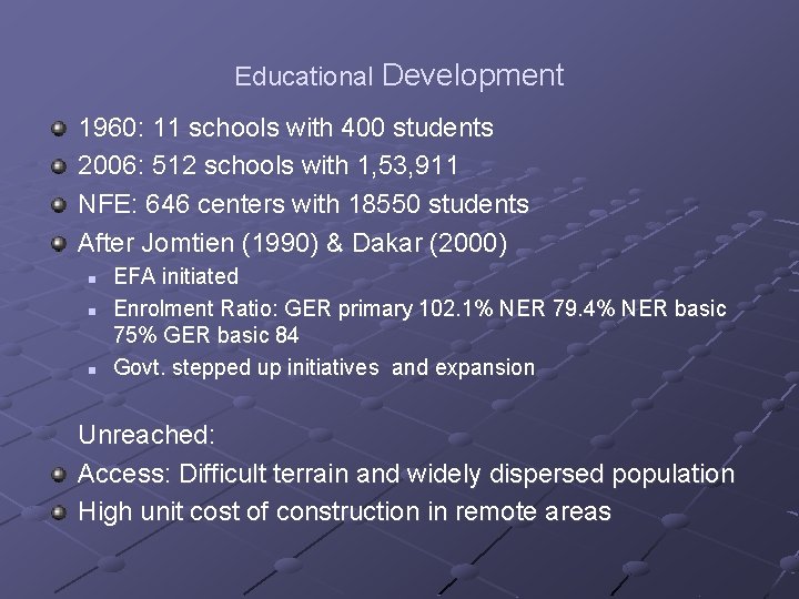 Educational Development 1960: 11 schools with 400 students 2006: 512 schools with 1, 53,