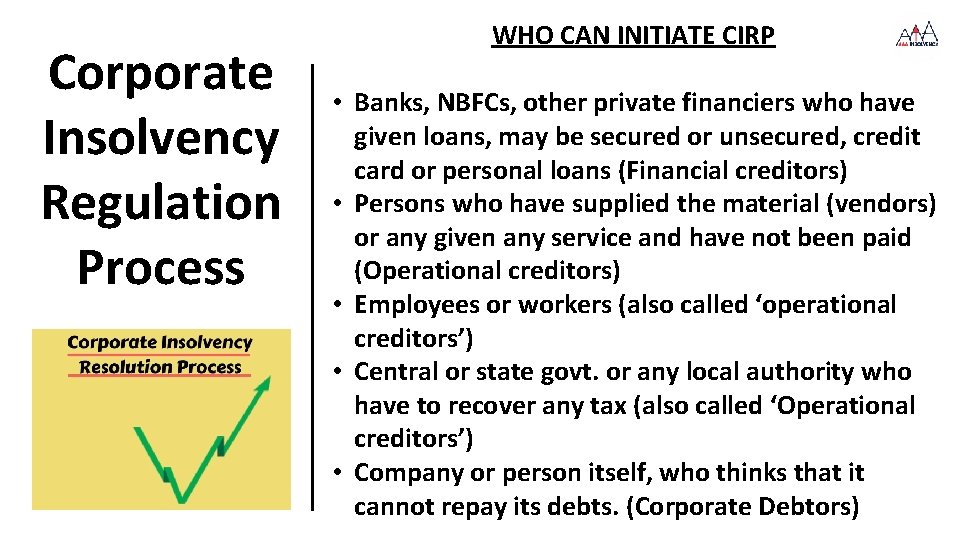 Corporate Insolvency Regulation Process WHO CAN INITIATE CIRP • Banks, NBFCs, other private financiers