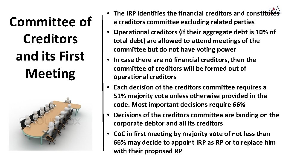 Committee of Creditors and its First Meeting • The IRP identifies the financial creditors