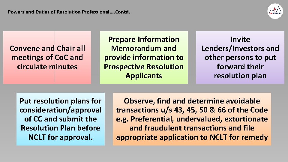 Powers and Duties of Resolution Professional. . Contd. Convene and Chair all meetings of