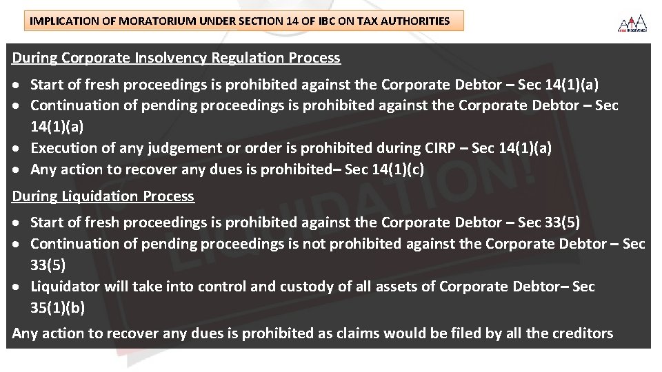 IMPLICATION OF MORATORIUM UNDER SECTION 14 OF IBC ON TAX AUTHORITIES During Corporate Insolvency