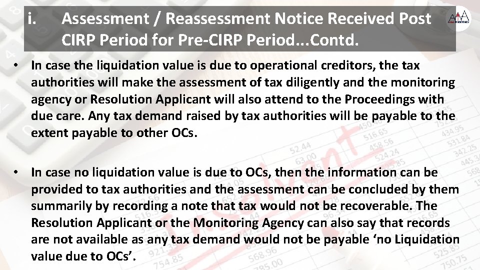 i. Assessment / Reassessment Notice Received Post CIRP Period for Pre-CIRP Period. . .