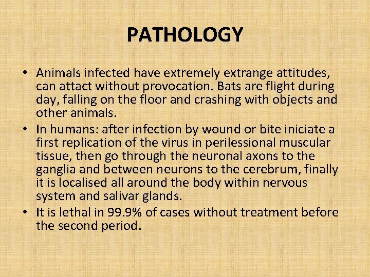 PATHOLOGY • Animals infected have extremely extrange attitudes, can attact without provocation. Bats are