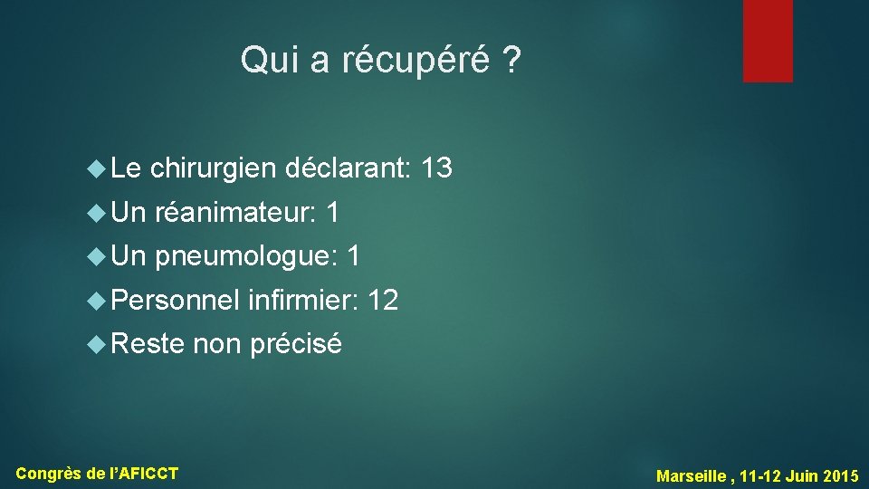 Qui a récupéré ? Le chirurgien déclarant: 13 Un réanimateur: 1 Un pneumologue: 1