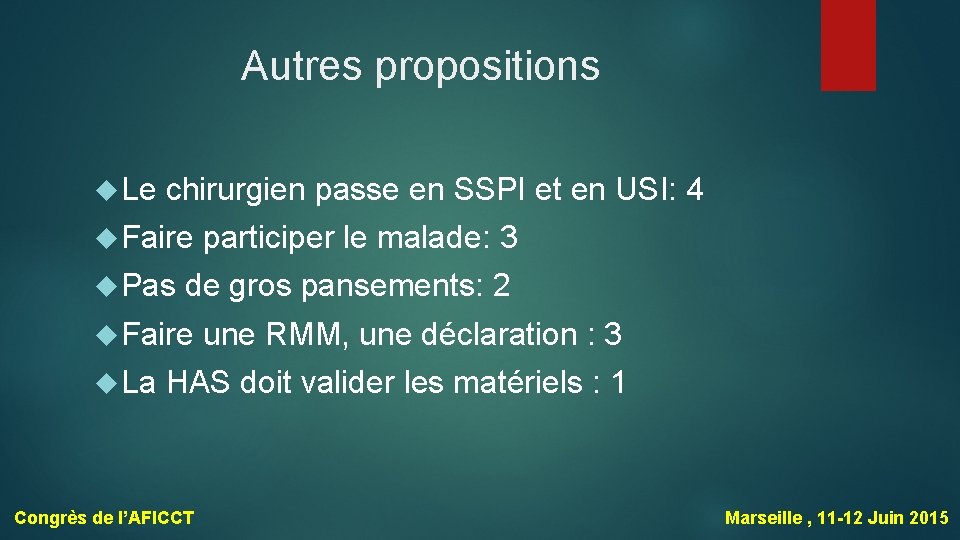 Autres propositions Le chirurgien passe en SSPI et en USI: 4 Faire Pas de