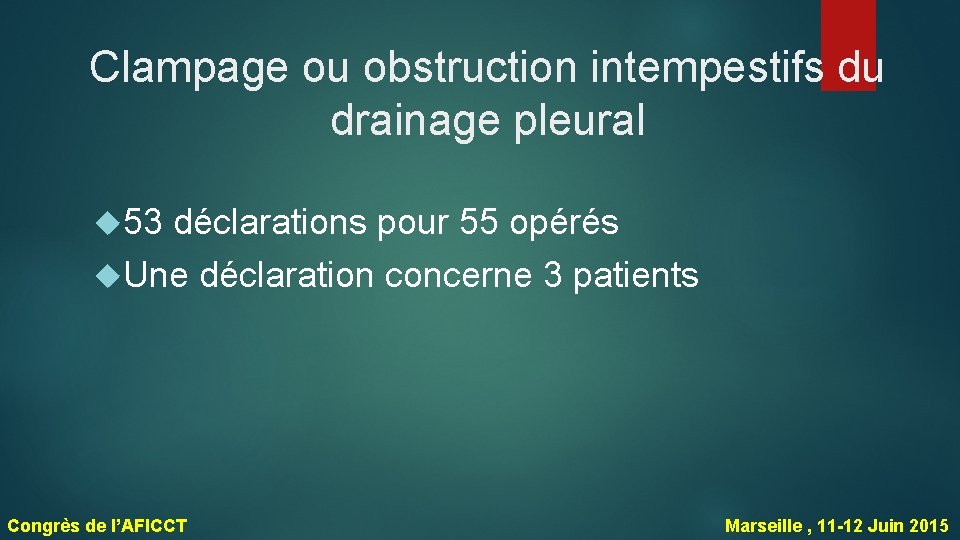 Clampage ou obstruction intempestifs du drainage pleural 53 déclarations pour 55 opérés Une déclaration