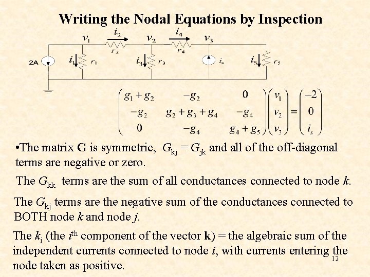 Writing the Nodal Equations by Inspection • The matrix G is symmetric, Gkj = Writing the Nodal Equations by Inspection • The matrix G is symmetric, Gkj =