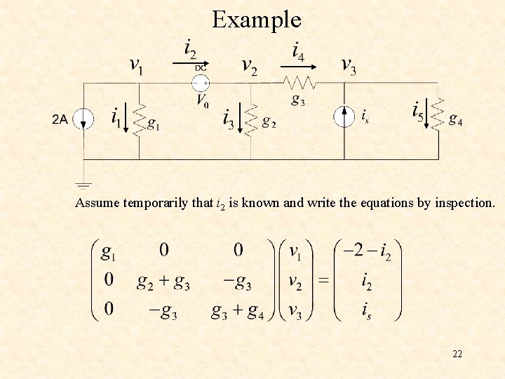 Example Assume temporarily that i 2 is known and write the equations by inspection. Example Assume temporarily that i 2 is known and write the equations by inspection.