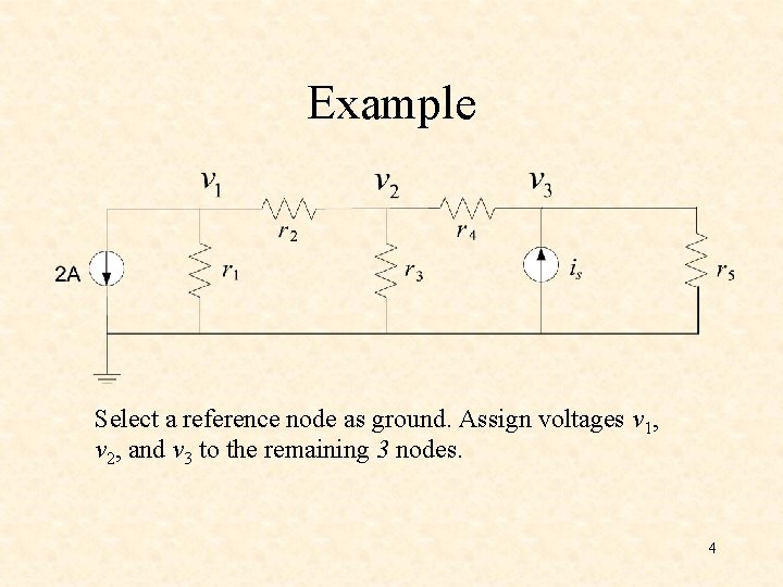 Example Select a reference node as ground. Assign voltages v 1, v 2, and Example Select a reference node as ground. Assign voltages v 1, v 2, and