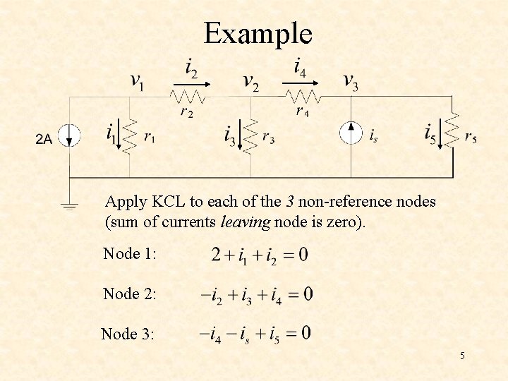 Example Apply KCL to each of the 3 non-reference nodes (sum of currents leaving Example Apply KCL to each of the 3 non-reference nodes (sum of currents leaving