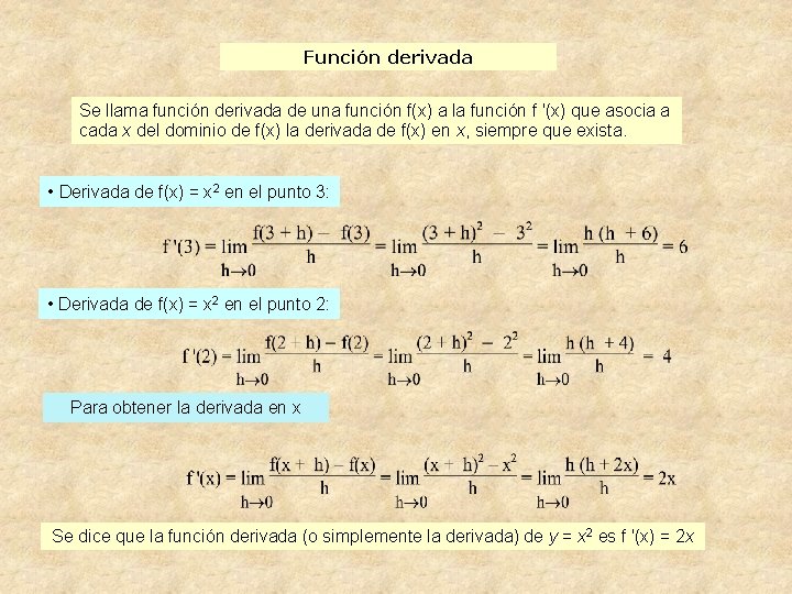Función derivada Se llama función derivada de una función f(x) a la función f
