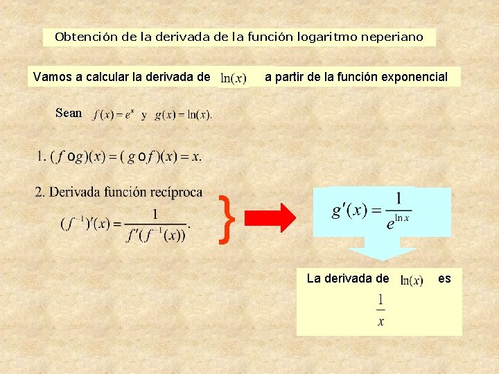 Obtención de la derivada de la función logaritmo neperiano Vamos a calcular la derivada