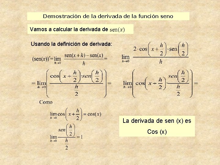 Demostración de la derivada de la función seno Vamos a calcular la derivada de