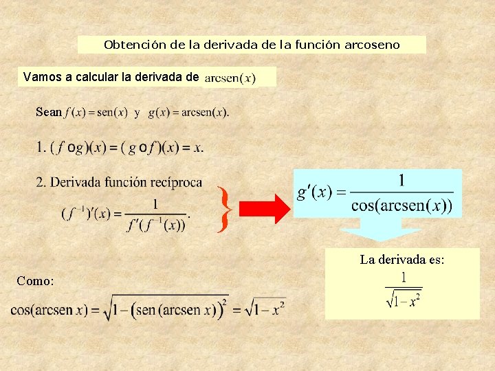 Obtención de la derivada de la función arcoseno Vamos a calcular la derivada de