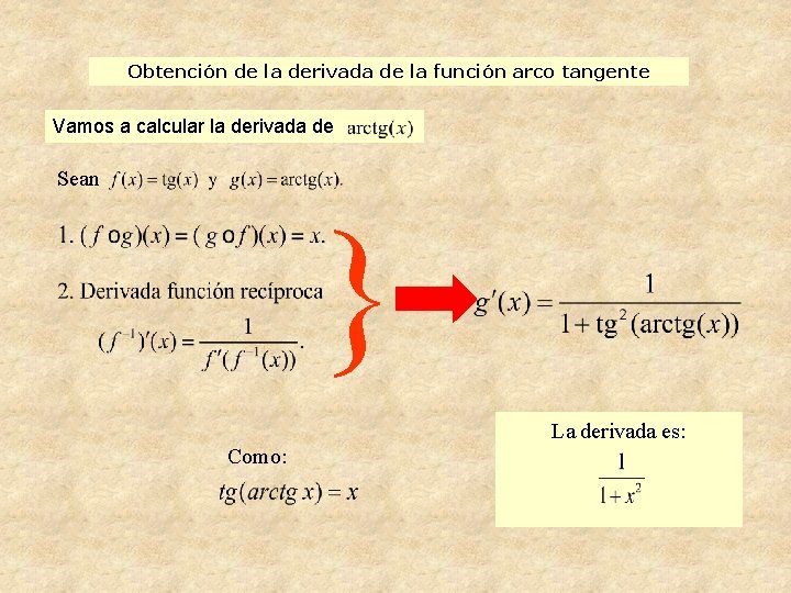 Obtención de la derivada de la función arco tangente Vamos a calcular la derivada