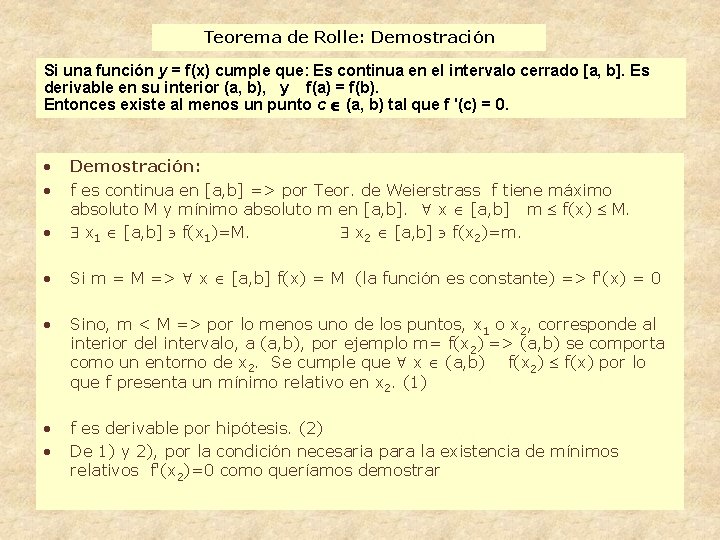 Teorema de Rolle: Demostración Si una función y = f(x) cumple que: Es continua