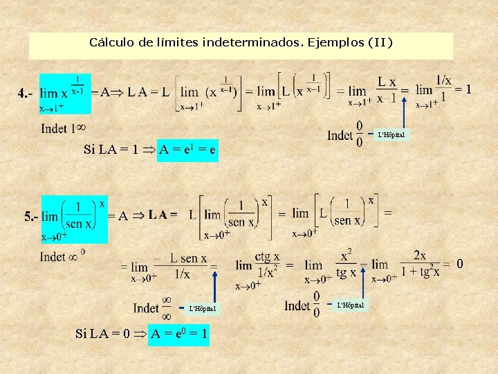 Cálculo de límites indeterminados. Ejemplos (II) 1 A L'Hôpital Si LA = 1 A