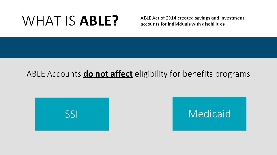 WHAT IS ABLE? ABLE Act of 2014 created savings and investment accounts for individuals