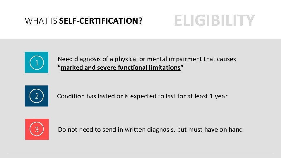 WHAT IS SELF-CERTIFICATION? ELIGIBILITY 1 Need diagnosis of a physical or mental impairment that