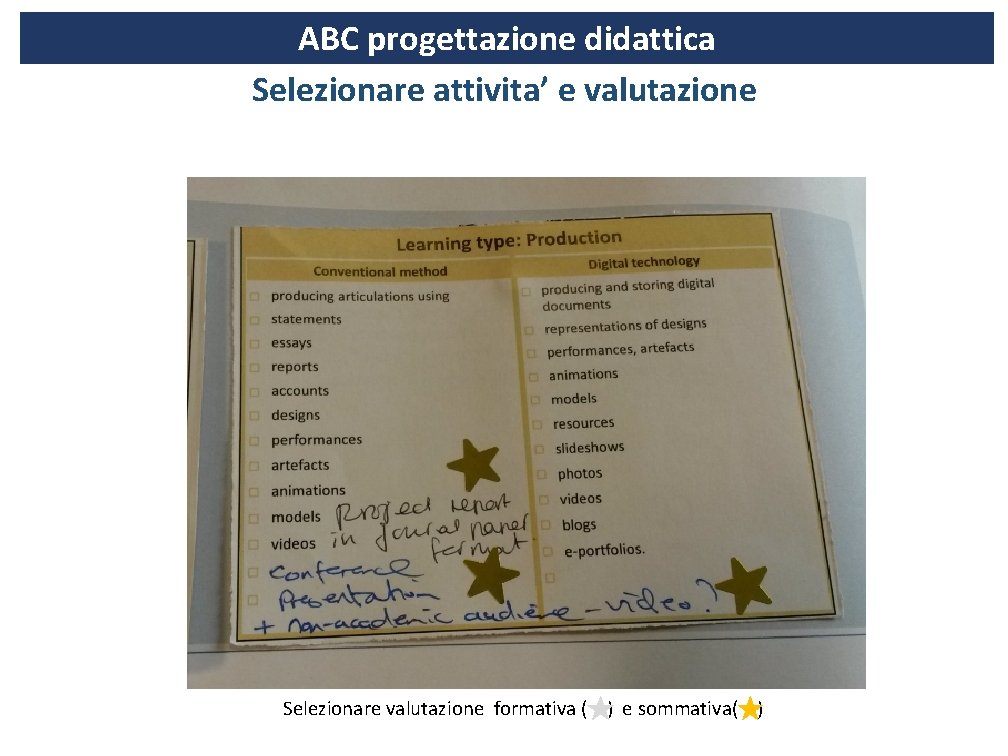 ABC progettazione didattica Selezionare attivita’ e valutazione (script) Selezionare valutazione formativa ( ) e