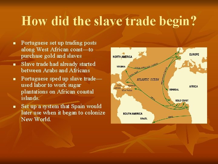 How did the slave trade begin? n n Portuguese set up trading posts along