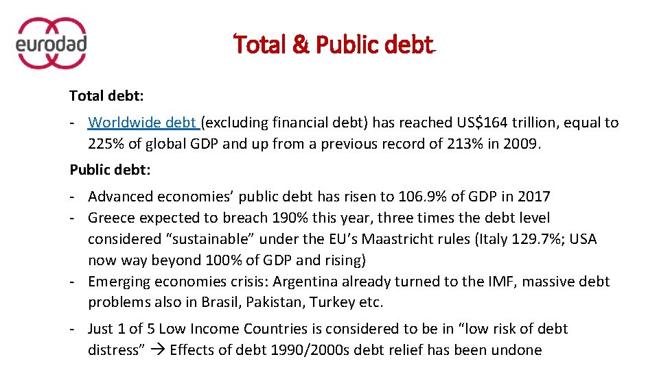 Total & Public debt Total debt: - Worldwide debt (excluding financial debt) has reached