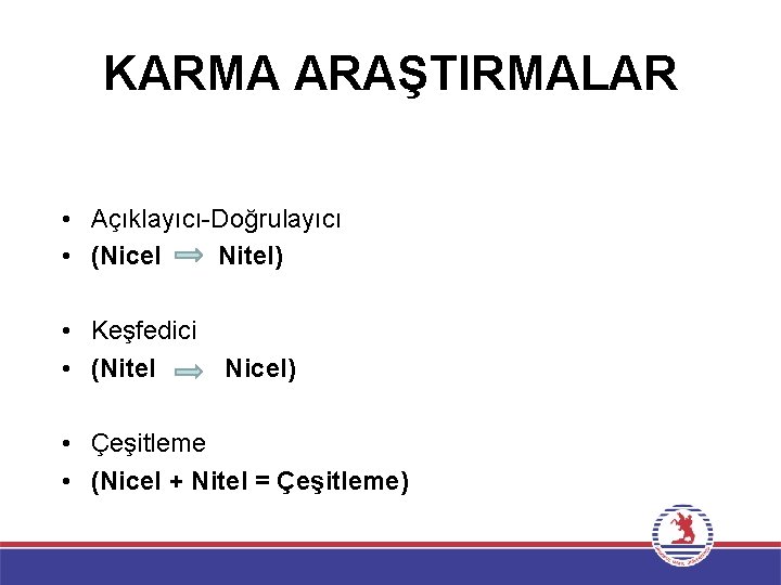 KARMA ARAŞTIRMALAR • Açıklayıcı-Doğrulayıcı • (Nicel Nitel) • Keşfedici • (Nitel Nicel) • Çeşitleme