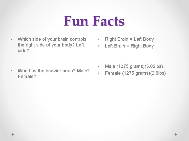 Fun Facts • • Which side of your brain controls the right side of Fun Facts • • Which side of your brain controls the right side of