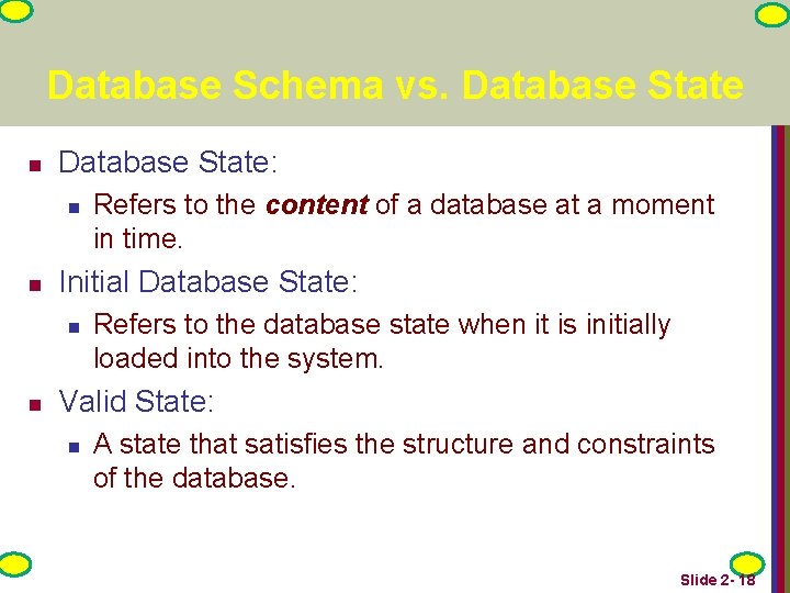 Database Schema vs. Database State n Database State: n n Initial Database State: n