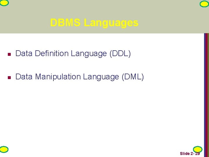 DBMS Languages n Data Definition Language (DDL) n Data Manipulation Language (DML) Slide 2