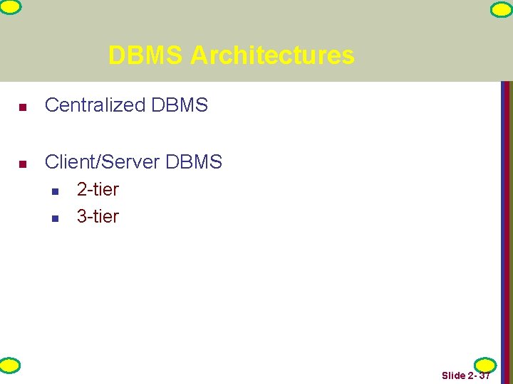 DBMS Architectures n Centralized DBMS n Client/Server DBMS n n 2 -tier 3 -tier