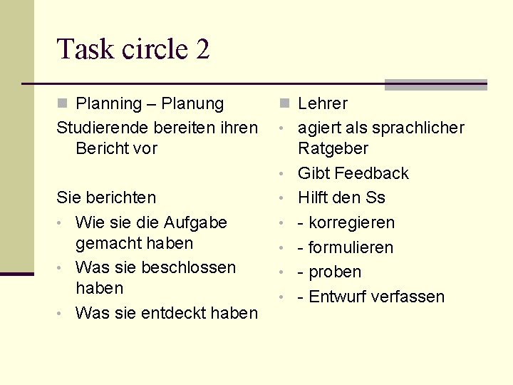 Task circle 2 n Planning – Planung n Lehrer Studierende bereiten ihren Bericht vor