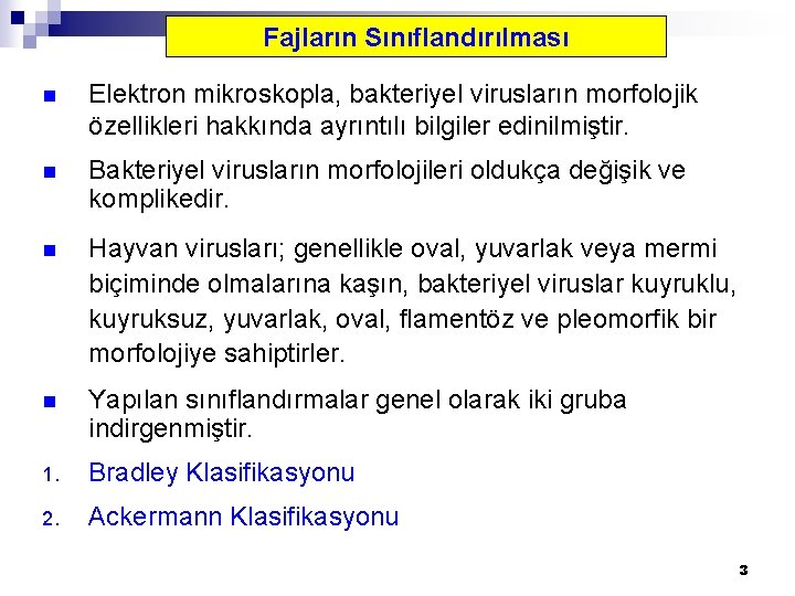 Fajların Sınıflandırılması n Elektron mikroskopla, bakteriyel virusların morfolojik özellikleri hakkında ayrıntılı bilgiler edinilmiştir. n