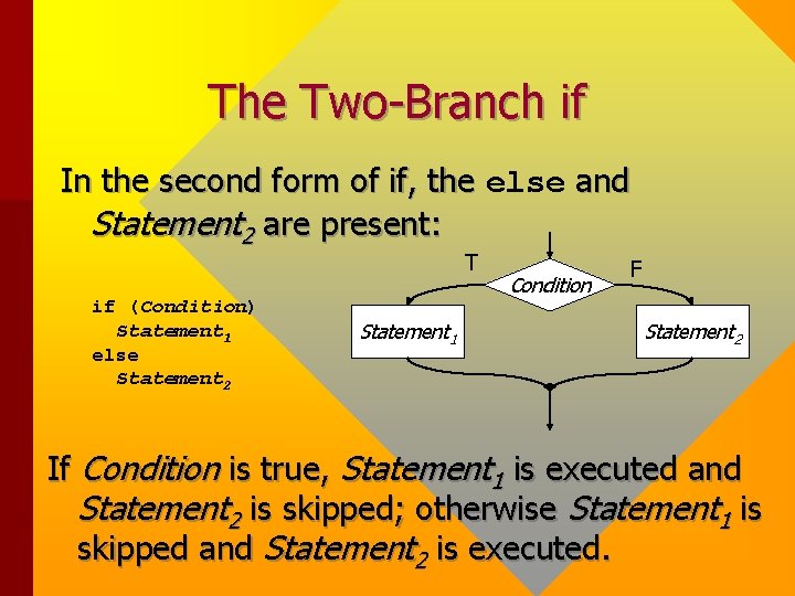 The Two-Branch if In the second form of if, the else and Statement 2 The Two-Branch if In the second form of if, the else and Statement 2