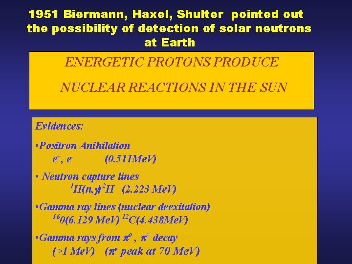 1951 Biermann, Haxel, Shulter pointed out the possibility of detection of solar neutrons at