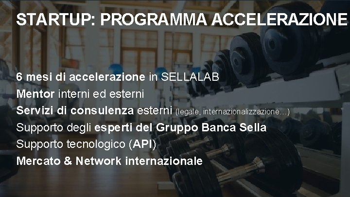 STARTUP: PROGRAMMA ACCELERAZIONE 6 mesi di accelerazione in SELLALAB Mentor interni ed esterni Servizi