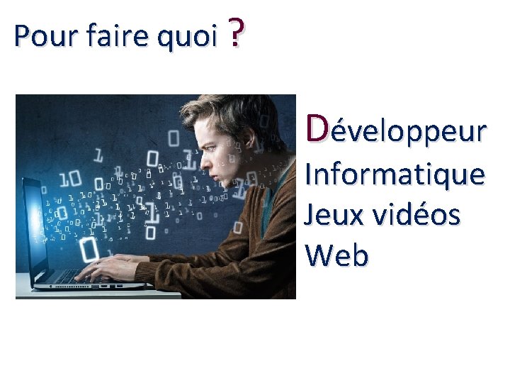 Pour faire quoi ? Développeur Informatique Jeux vidéos Web 