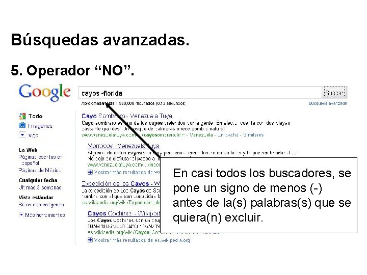 Búsquedas avanzadas. 5. Operador “NO”. En casi todos los buscadores, se pone un signo