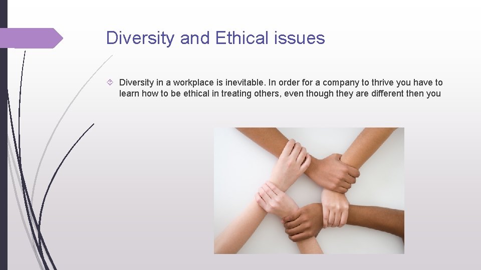 Diversity and Ethical issues Diversity in a workplace is inevitable. In order for a