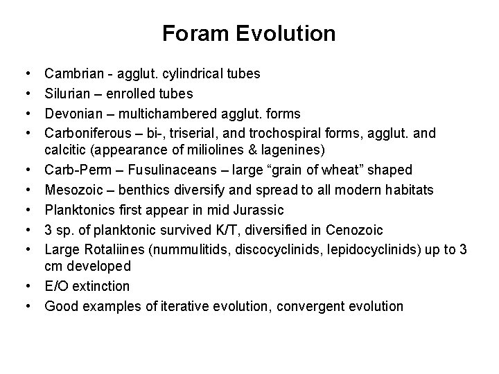 Foram Evolution • • • Cambrian - agglut. cylindrical tubes Silurian – enrolled tubes