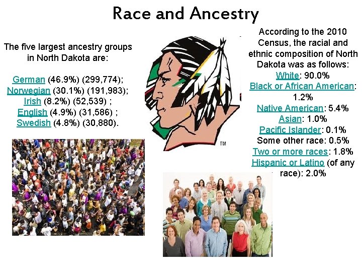Race and Ancestry The five largest ancestry groups in North Dakota are: German (46.