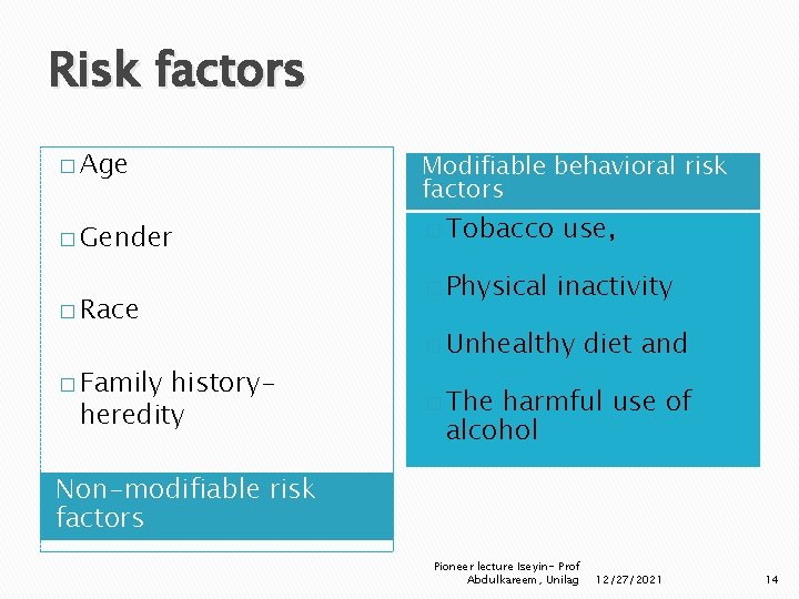 Risk factors � Age � Gender � Race � Family historyheredity Modifiable behavioral risk