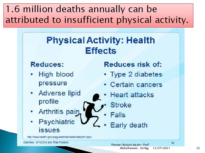 1. 6 million deaths annually can be attributed to insufficient physical activity. Pioneer lecture