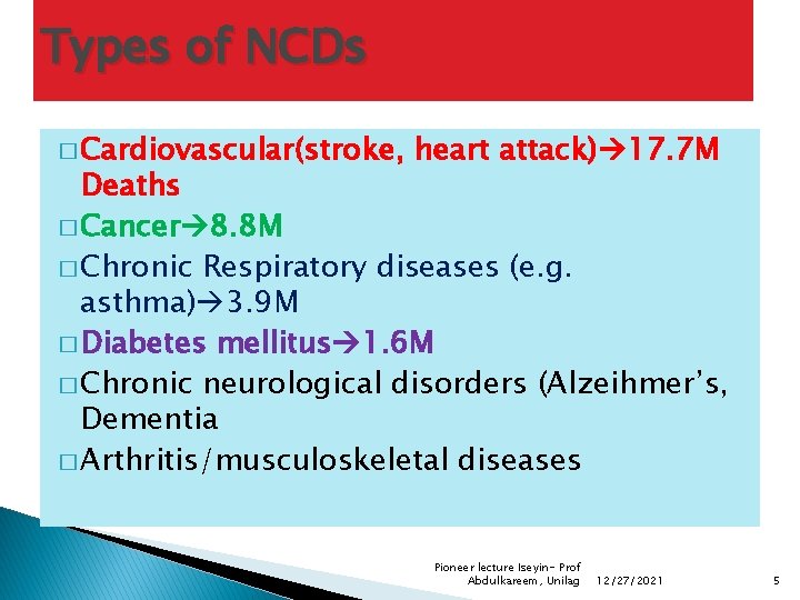 Types of NCDs � Cardiovascular(stroke, heart attack) 17. 7 M Deaths � Cancer 8.