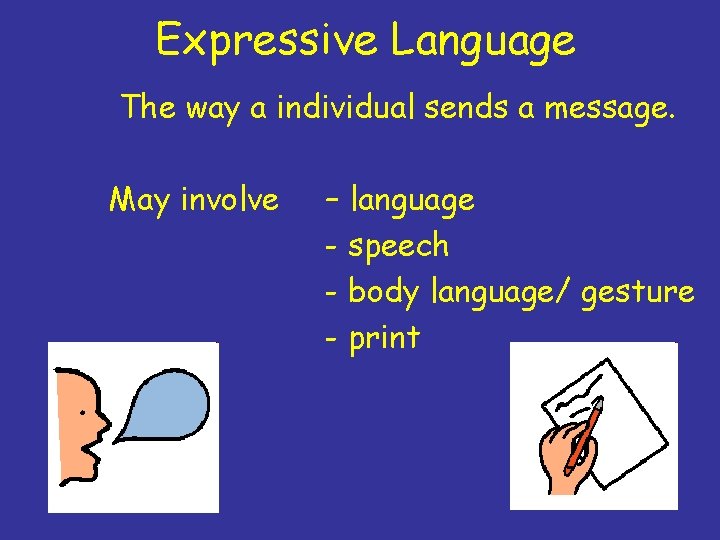 Expressive Language The way a individual sends a message. May involve – language -