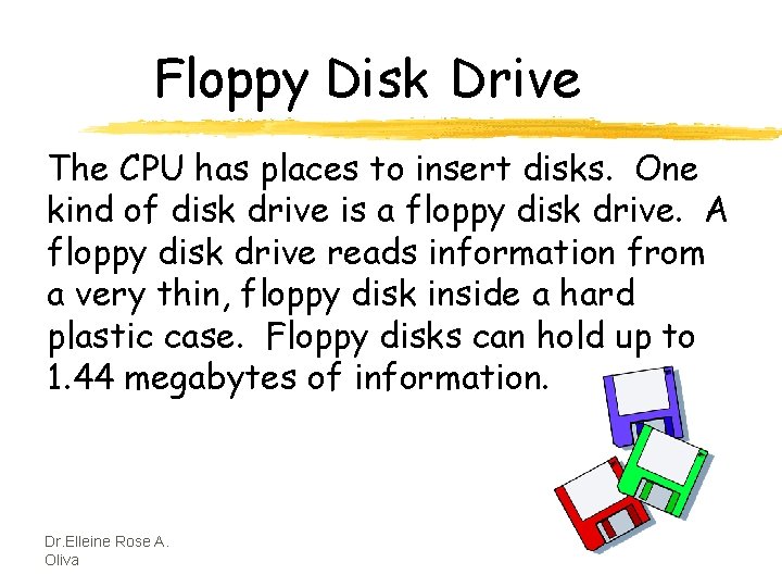 Floppy Disk Drive The CPU has places to insert disks. One kind of disk