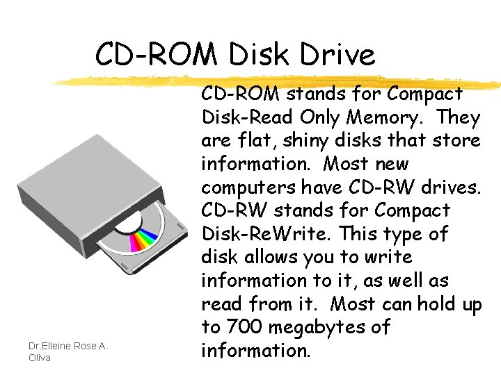CD-ROM Disk Drive Dr. Elleine Rose A. Oliva CD-ROM stands for Compact Disk-Read Only